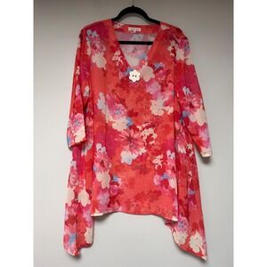Indigo Soul Floral Print Tunic‎ Top XL Coral Pink Blue Asymmetrical Hem